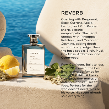 Vierro Reverb perfume bottle with sleek design, showcasing the elegant fragrance packaging and branding.