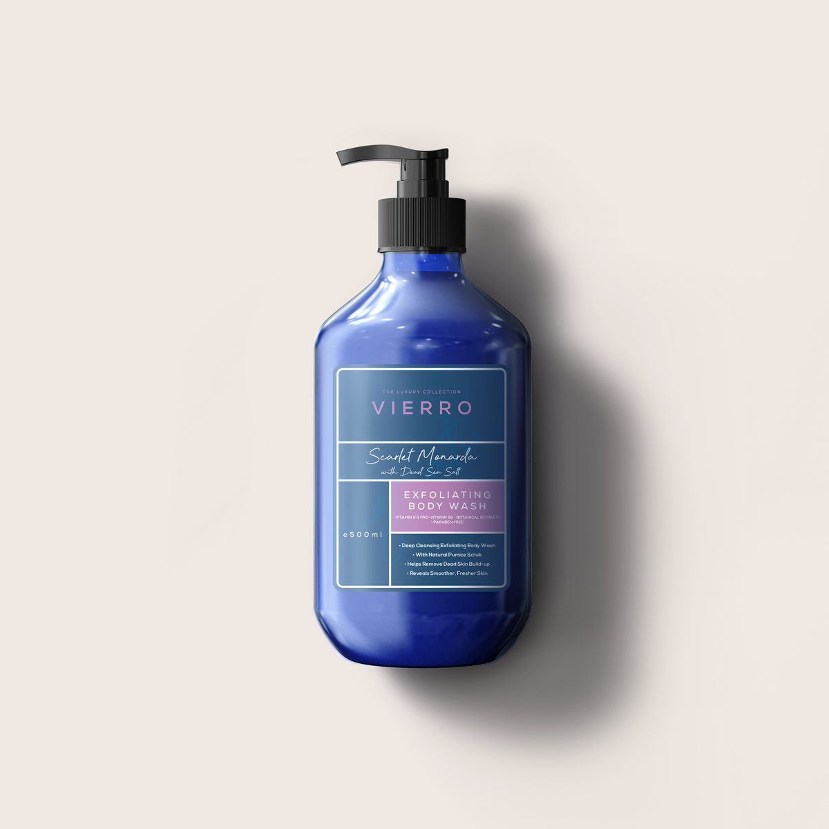 A 500ml blue pump bottle of Vierro Scarlet Monarda Exfoliating Body Wash against a neutral light background.