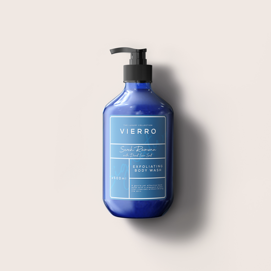 Blue hand wash bottle with black pump labeled 'SEREH RAMONA - Exfoliating Body Wash Vierro' on a light gray background