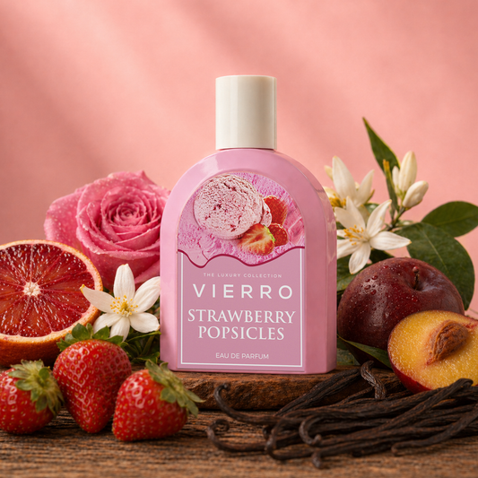 Vierro Strawberry Popsicles perfume bottle with vibrant pink packaging, featuring a playful strawberry design.