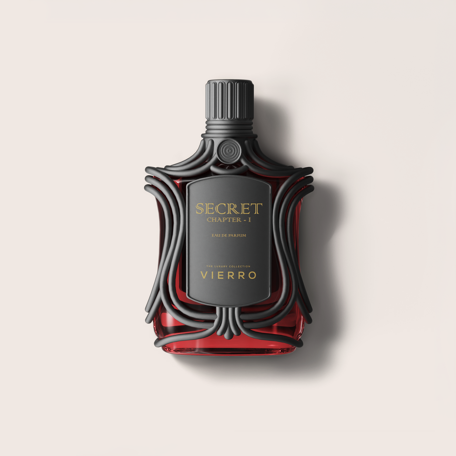 A bottle of VIERRO Secret Chapter - 1 Eau De Parfum with a black ornate frame and a red glass body, centered on a light beige background.