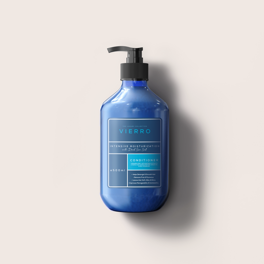 A 500ml blue pump bottle of Vierro Intensive Moisturization Conditioner against a neutral light background.