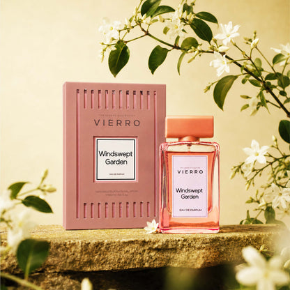 Vierro Windswept Garden perfume bottle and box, floral fragrance packaging for women.