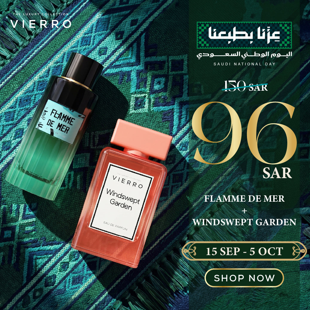 Vierro Saudi National Day promotional banner featuring Flamme De Mer and Windswept Garden perfumes displayed over a green and blue patterned background, with special offer pricing of 96 SAR (reduced from 150 SAR) valid from 15 Sep to 5 Oct.