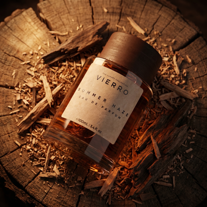 Viero luxury perfume Summer Haze perfume bottle on a wooden surface